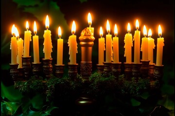 Beautifully arranged Hanukkah menorah with lit candles glowing softly in a peaceful setting