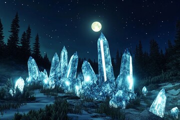 Moonlit crystal forest showcasing shimmering crystals at night in an ethereal setting