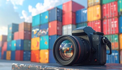 Digital camera on reflective surface with colorful shipping containers and world map overlay—evoking global trade, documentation, and the analytical choreography of movement, media, and data.