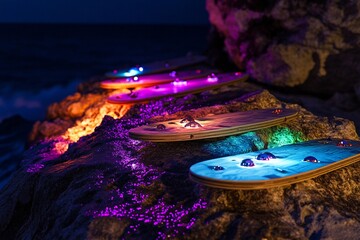 Colorful illuminated boards on rock creating a vibrant atmosphere in a unique outdoor space
