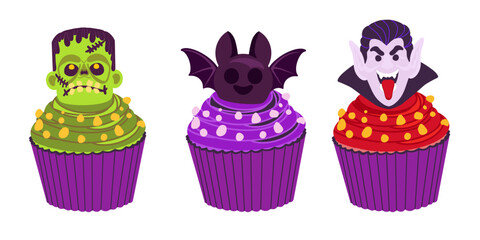 Flat vector cupcakes decorated with bat, vampire, and green monster heads. Perfect sweet elements for Halloween banners, posters, invitations, and festive designs.