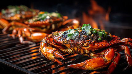 Grilled Whole Crabs with Seasoning and Green Onions Cooking Over Open Flame – Gourmet Seafood BBQ Concept with Charred Shells
