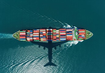 Cargo container ship captured from aerial perspective with shadow of airplane cast dramatically over bright ocean waves under clear sunny skies