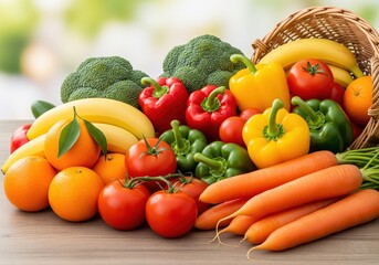 Bright healthy fruits and vegetables collection including ripe bananas tomatoes peppers oranges carrots and broccoli forming a colorful vibrant organic nutritious background display