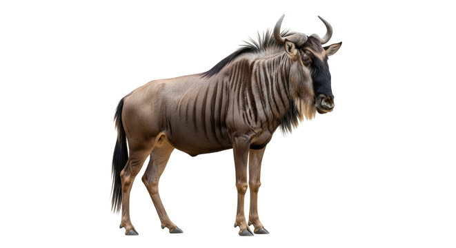 Isolated Wildebeest standing in front view, wildlife animal in savanna, large antelope