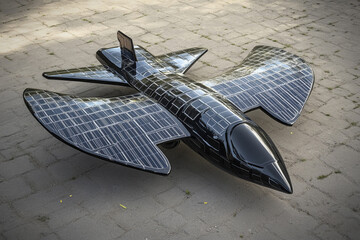 Innovative bird-shaped aircraft with solar panel wings soaring above the clouds