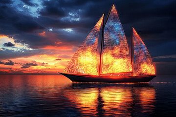 Sailboat with luminous photosynthetic sails glides through tranquil waters at sunset