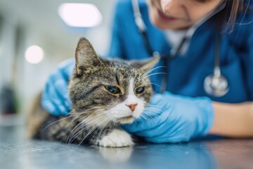 Veterinarian examining a cat with stethoscope in a clinic setting