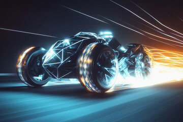 Futuristic vehicle with geometric wheels cruising through a neon-lit cityscape at night