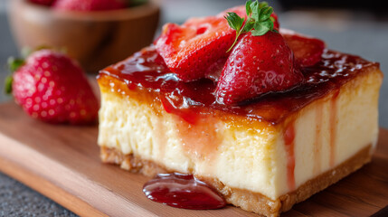 Slice of Classic Cheesecake Topped with Fresh Strawberries and Strawberry Sauce on Wooden Board – Delicious Dessert Close-Up
