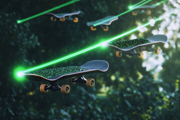 Floating solar powered skateboards illuminate water with soft green trails during sunset in an outdoor setting