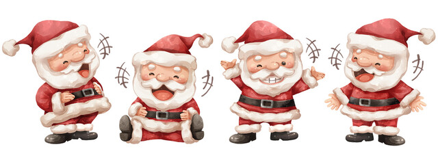 Set of cute watercolor painting santa claus cartoon illustrations expressing pure joy and laughing in christmas festival . Isolate white background . PNG .