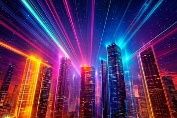 Futuristic city skyline with glowing skyscrapers illuminated at night