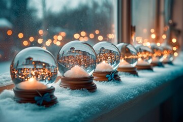 Shimmering snowflakes fall inside a glass dome on a winter evening