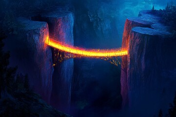 Glowing bridge illuminates dark chasm beneath starry sky at twilight near lush cliffs