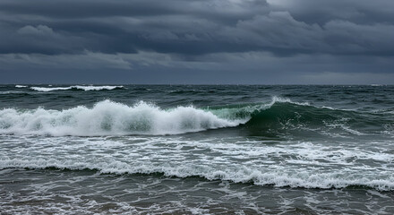 Dramatic Seascape with Turbulent Waves Under Overcast Skies at a Coastal Shoreline