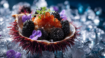 Gourmet Sea Urchin Shell Filled with Black Caviar, Red Roe, and Edible Flowers on Crushed Ice – Luxury Seafood Fine Dining Presentation
