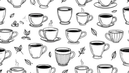Seamless pattern of hand-drawn coffee cups and teacups