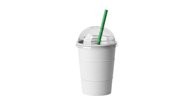 Isolated blank takeaway coffee cup with lid and green straw, clear and recyclable plastic