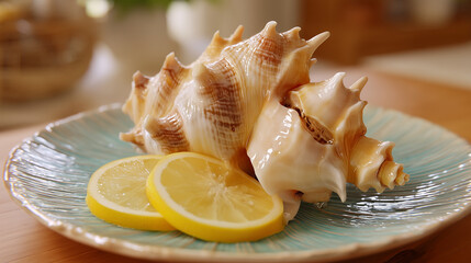 Fresh Sea Conch Shell Presented on Ceramic Plate with Lemon Slices – Coastal Cuisine or Nautical Decorative Concept
