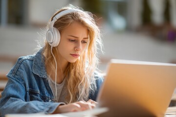 Young teen girl studying online with headphones on her laptop