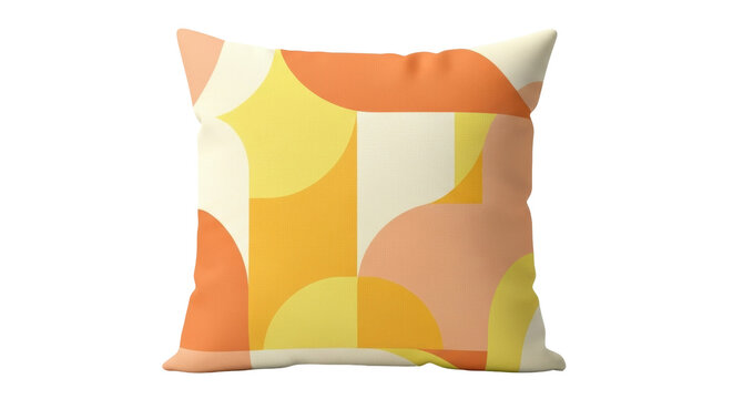 Isolated cushion with abstract retro design pattern in orange yellow, a decorative square pillow