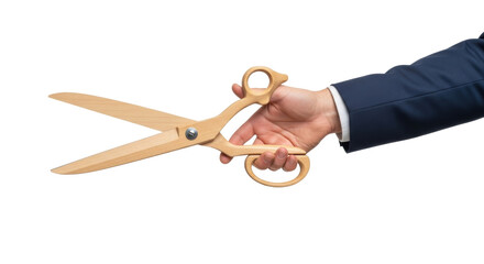 Isolated hand in suit holds large scissors ready to cut ribbon at a grand opening event