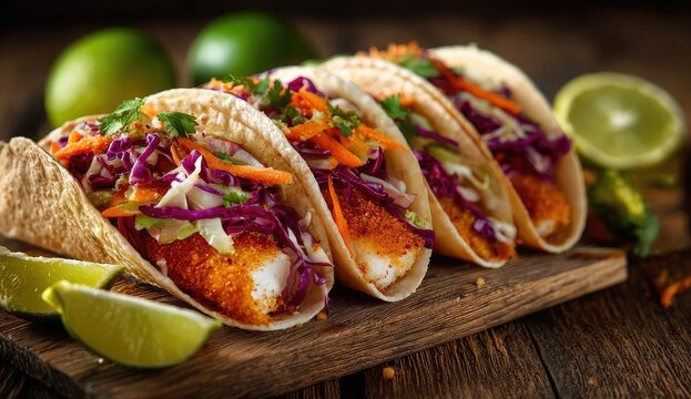 Four fish tacos on a wooden board, topped with slaw and served with limes - Powered by Adobe