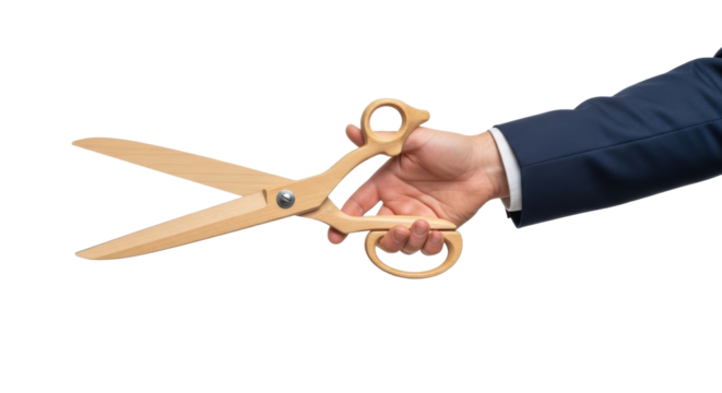 Isolated hand in suit holds large scissors ready to cut ribbon at a grand opening event