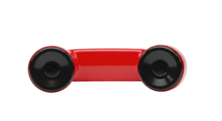 Isolated vibrant red telephone handset with black earpieces for communication equipment