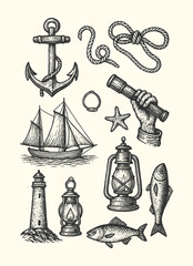 Vintage nautical illustration with anchor, rope, lighthouse, ship, lantern, fish, and sea symbols. © Chairul