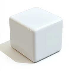 A solid, glossy white cube, smooth surfaces, simple geometric form
