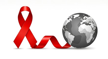 Red ribbon for aids awareness wrapped around a globe, symbolizing global support and fight against the disease