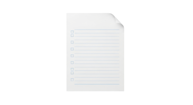 Isolated sheet of paper with check boxes, to-do list for task management, organizer