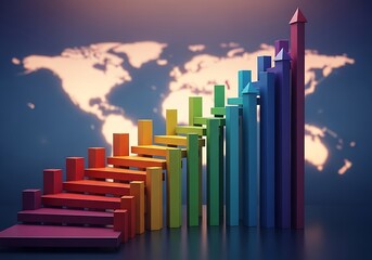 Colorful bar graph showing upward trend against a blurred world map background, symbolizing global growth and financial success