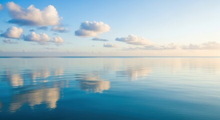 Fototapeta premium A tranquil seascape with a calm, mirror-like surface reflecting the clouds in the clear blue sky. The vast ocean stretches under a bright, serene scene offering a sense of natural beauty and peace.