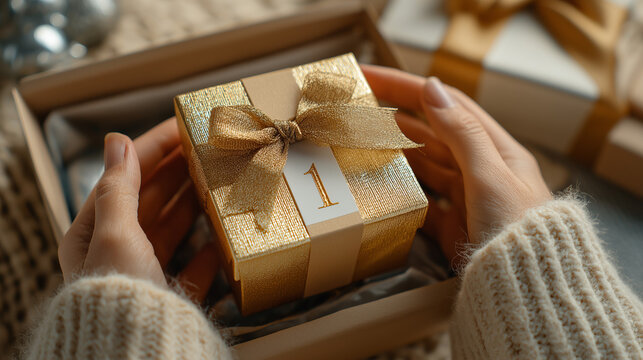 Person holding a decorative golden gift box with ribbon and 'number one' tag for Advent calendar. Symbolizes the joyful beginning of the Christmas countdown tradition