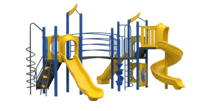 Isolated playground equipment, kids outdoor playset, recreation area with slide, no people