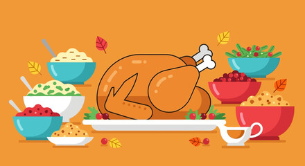 Illustration vector flat cartoon of food on happy Thanksgiving menu on dinner table setting as feast concept. Set of food on harvest festival on autumn. Roasted turkey and side dishes.