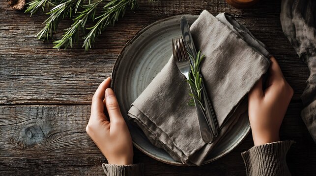 Elegant Table Setting with Linen Napkin, Cutlery and Rosemary