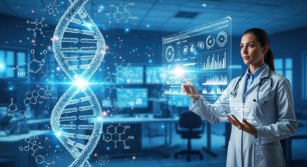 A doctor in a lab coat stands in a futuristic medical research facility, surrounded by holographic displays of DNA, data, and charts. The room glows with advanced technology.