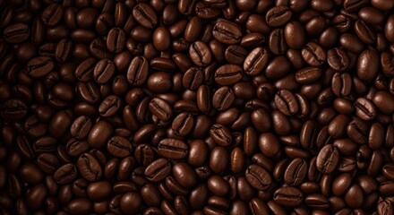 Naklejka premium A close-up of freshly roasted, dark brown coffee beans with a rich, shiny appearance, revealing their high quality and appealing texture.