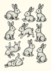 Vintage illustration of multiple rabbits in various poses, hand-drawn in detailed engraving style.