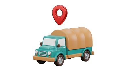 A 3d cartoon truck with a red location pin above it, isolated on a white background