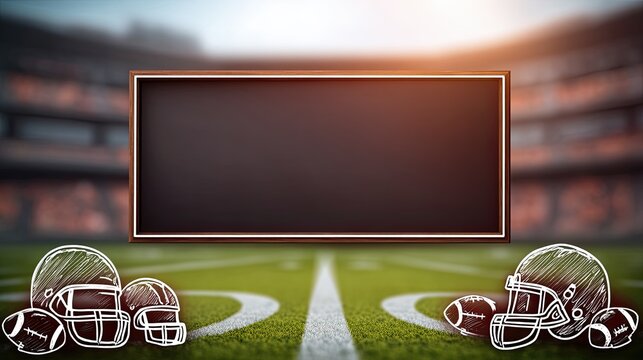 A digital illustration of a football field with sketch-style helmets and a blank board, ideal for sports-themed content or announcements, cute blurred sport frame with doodles