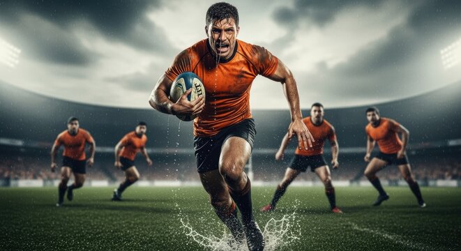 An orange-shirted rugby player sprints with the ball on a rainy field, conveying the sport's energy and excitement.