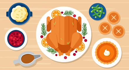 Illustration vector flat cartoon of food on happy Thanksgiving menu on dinner table setting as feast concept. Set of food on harvest festival on autumn. Roasted turkey and side dishes.