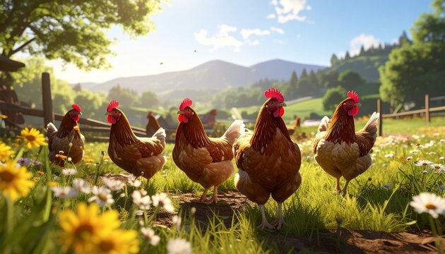 Brown chickens roam sunlit meadow with red flowers, hills, and trees—evoking rural charm, natural rhythm, and the pastoral choreography of life, warmth, and morning stillness.