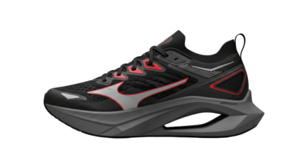 Isolated running shoe in black with red accents for sport and fitness activities
