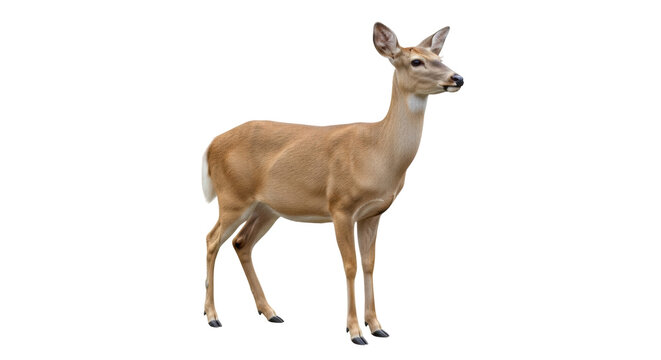 Isolated Whitetail deer stands at attention looking off to the side on plain background